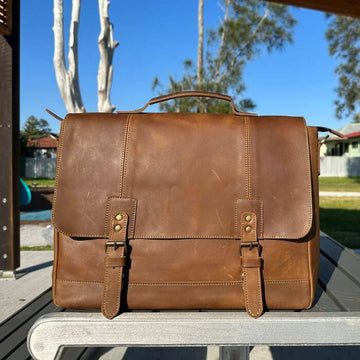 Sydney Harbour Leatehr Messenger Bag in outdoor settings in Australia