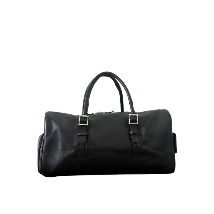 Front view of elegant black Adelaide Adventure Duffle Bag with brass hardware