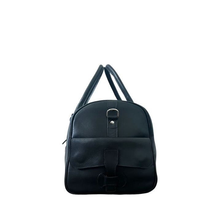 Front view of elegant black Adelaide Adventure Duffle Bag with brass hardware