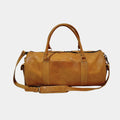 Backside of brown leather costal travel duffle bag by TLB