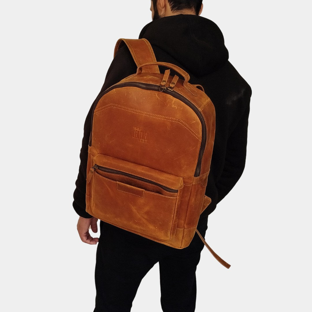 Model showcasing the stylish Bondi Beach Leather Backpack, featuring sleek design and premium leather, perfect for both casual and travel use