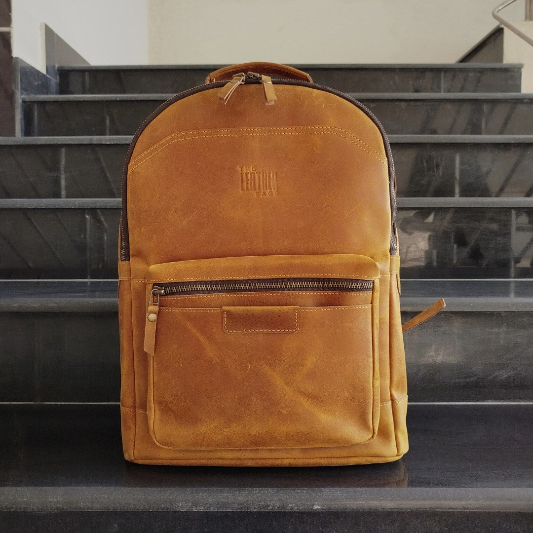 Front view of Bondi Beach Leather Backpack showcasing its sleek design and premium leather