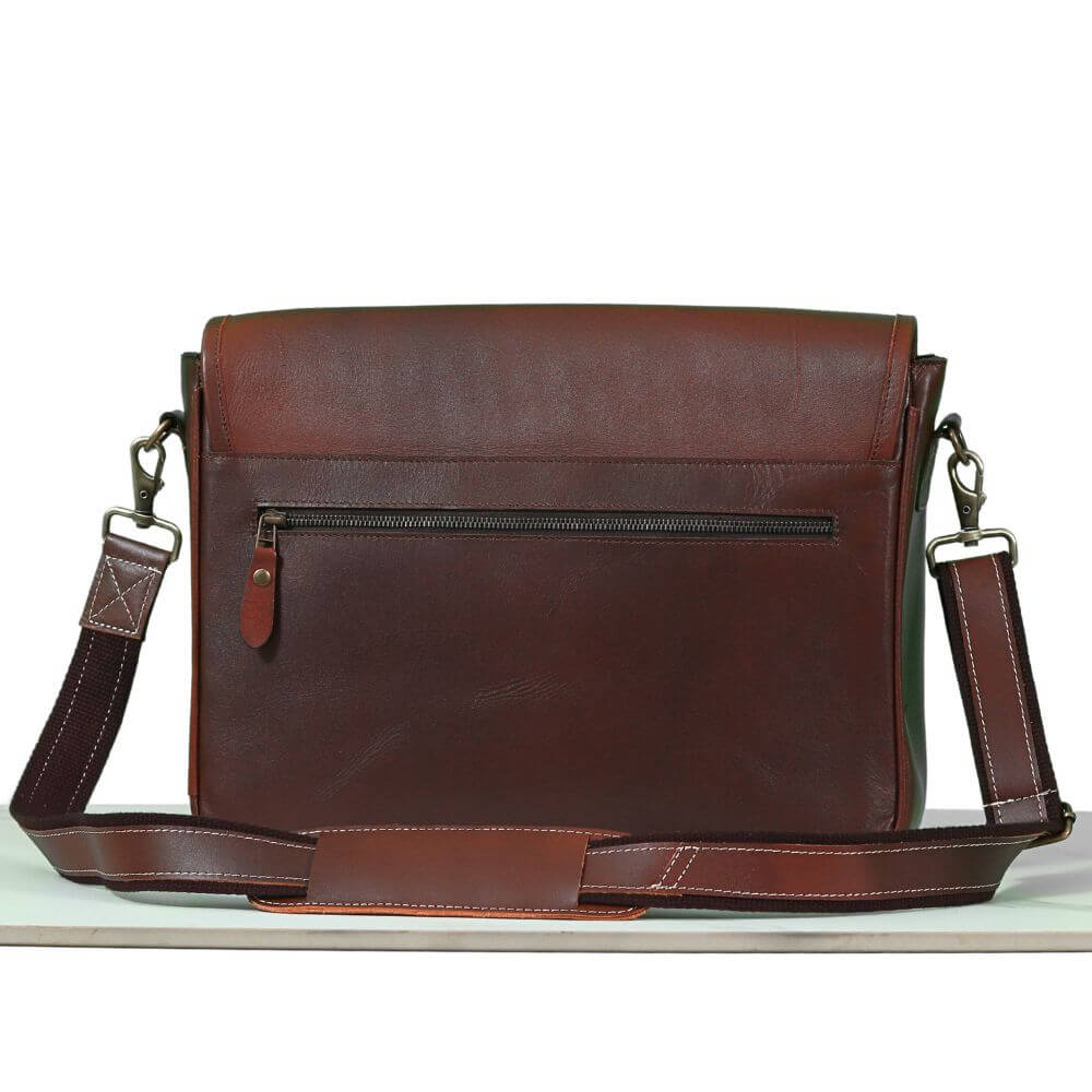 Backside view of The Brown Executive Leather  Messenger Bags Australia showing back zipper organiztion pocket