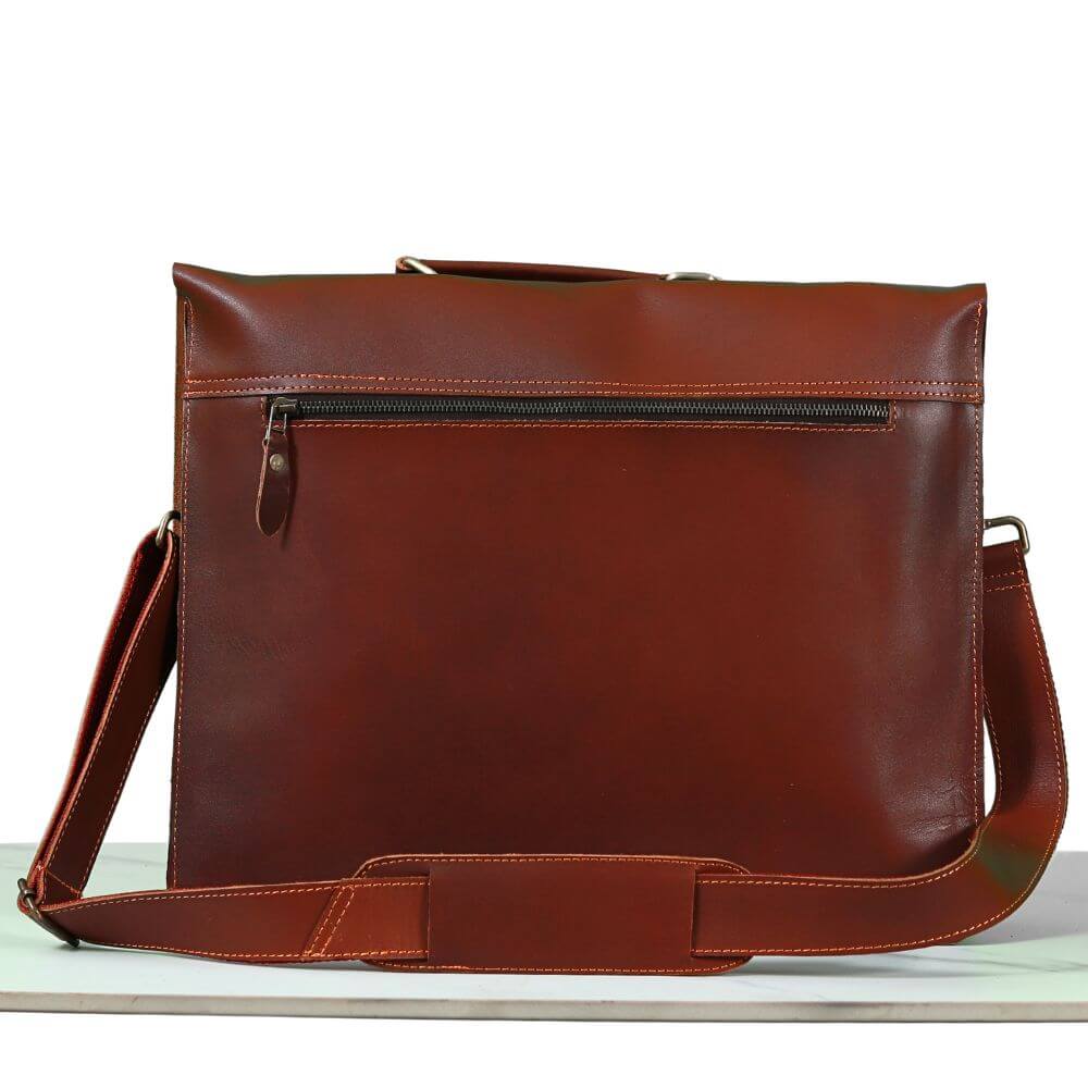 Backside of Business Leather Messenger Bag showcasing back zipper pocket, making organization of document easy