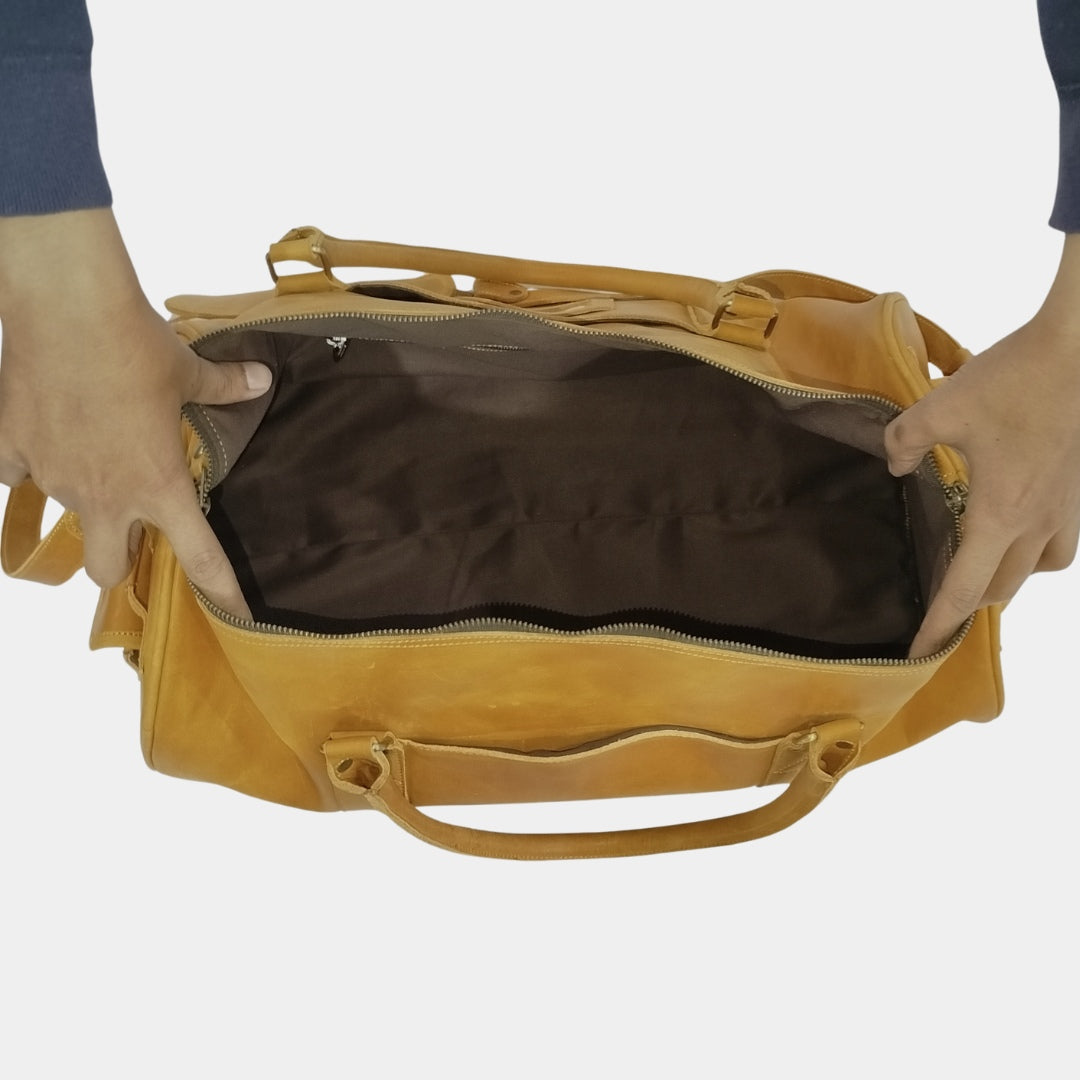 Inside view of Costal Travel Duffle Bag showing brown cotton lining