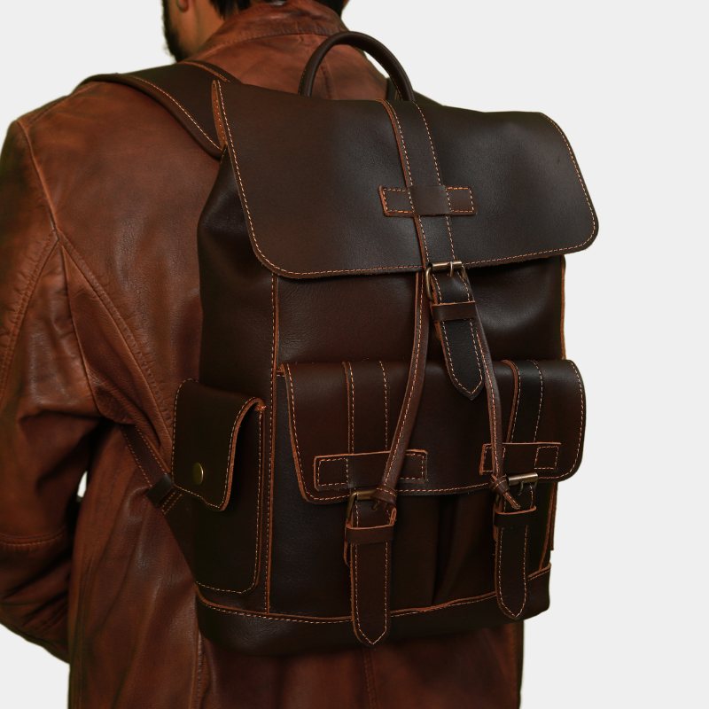 Minimalist  Brown leather backpack with adjustable straps, perfect for city commuting