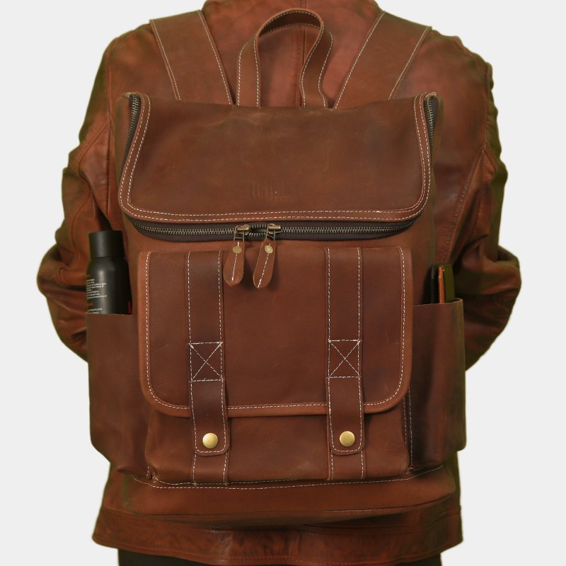 Model showcasing Stylish Downtown Explorer Backpack leather backpack, ideal for daily use and outdoor adventures