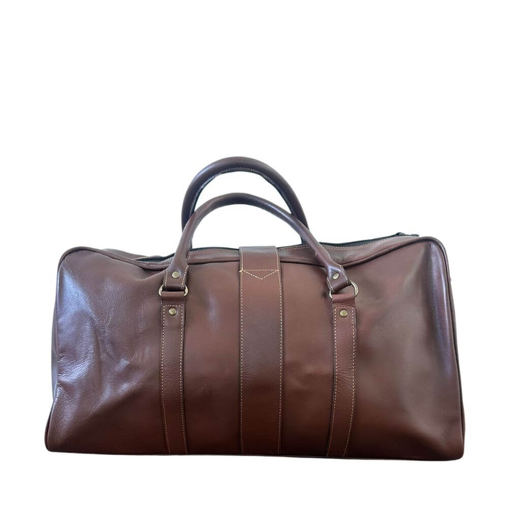 Backside of the Aussie Traveller Leather Duffle Bag, elegant choice for gym