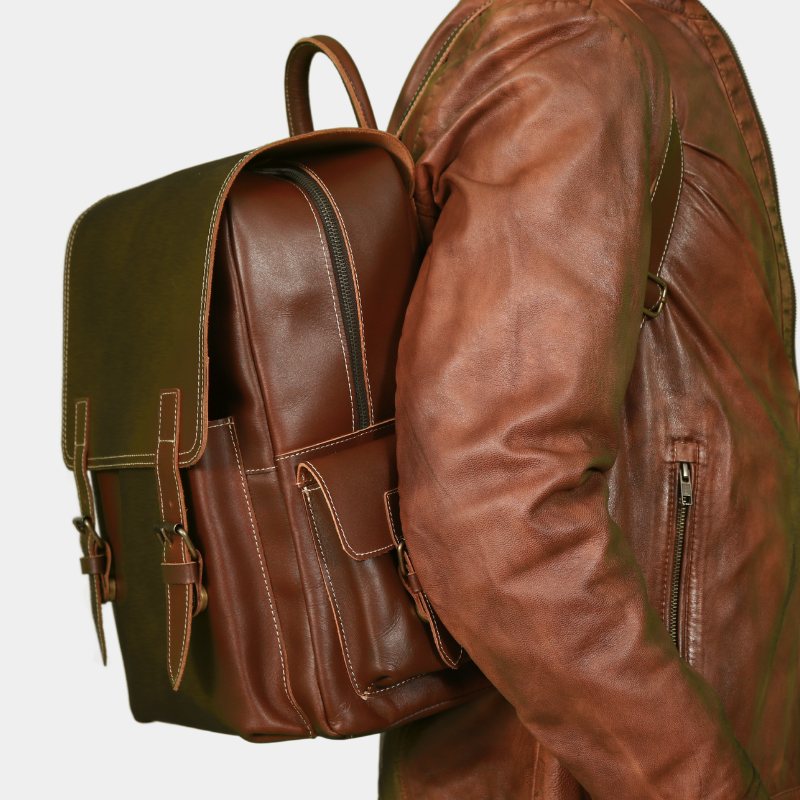 a model posing Elegant leather backpack on his one shoulder, perfect for professional and casual use