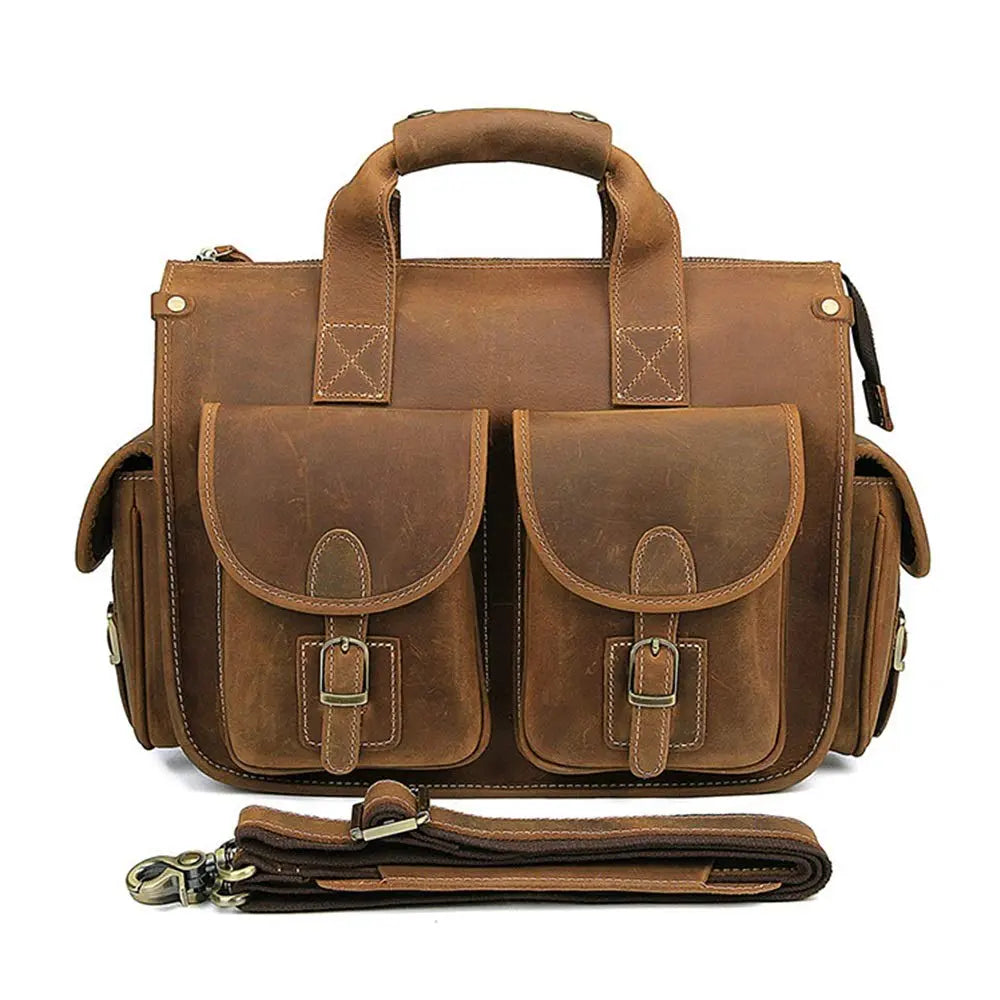 Front view of The Journeyman leather classic messenger bag showing soft leather strap ad 2 front and 1 side pocket