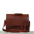 Front view of Business Navigator Leather Messenger Bag with removeable leather strap attached