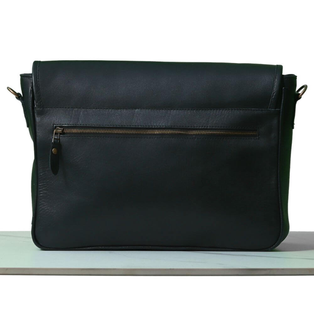 Backside of The Black Executive  Leather Crossbody Messenger Bag showing zipper organization pocket