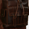 Close-up front view of brown Leather Backpack showing 2 front magnetic flap pockets