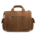 Backside of the Journeyman Leather Messenger bag showing spacious large zipper pocket and soft padded grab handles