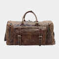 Front view of Stylish Dark brown Roma leather Duffle Bag showing front 2 zipper pockets and front flap pocket