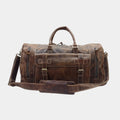 Front View of Brown Roma Leather Duffle Bag with removeable shoulder strap attached