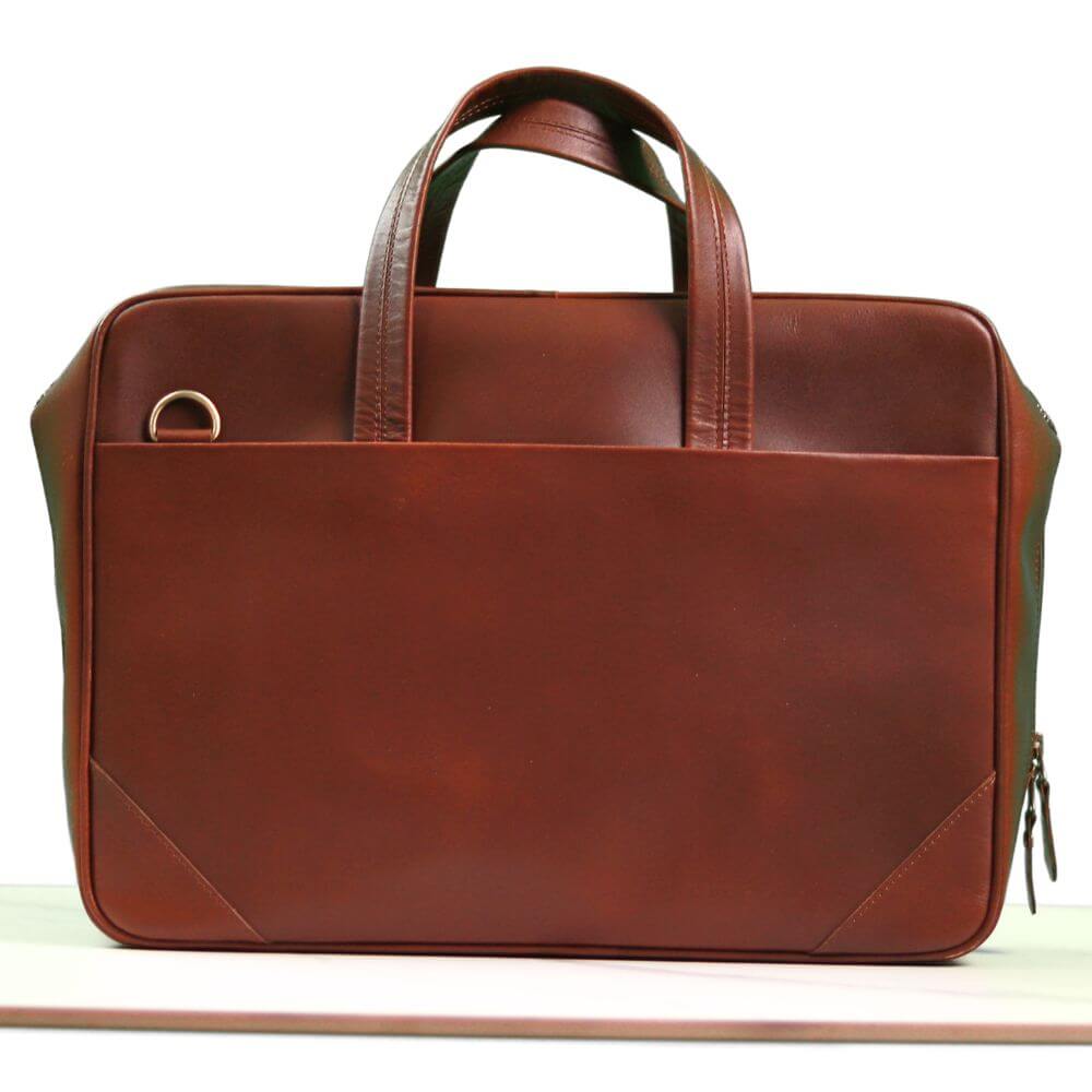 Front side view of brown Nomad Essential Leather Messenger bag perfect for formal office and college usage