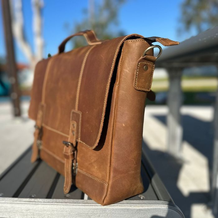 Sydney Harbour Leather Messenger showcasing brass hardware 