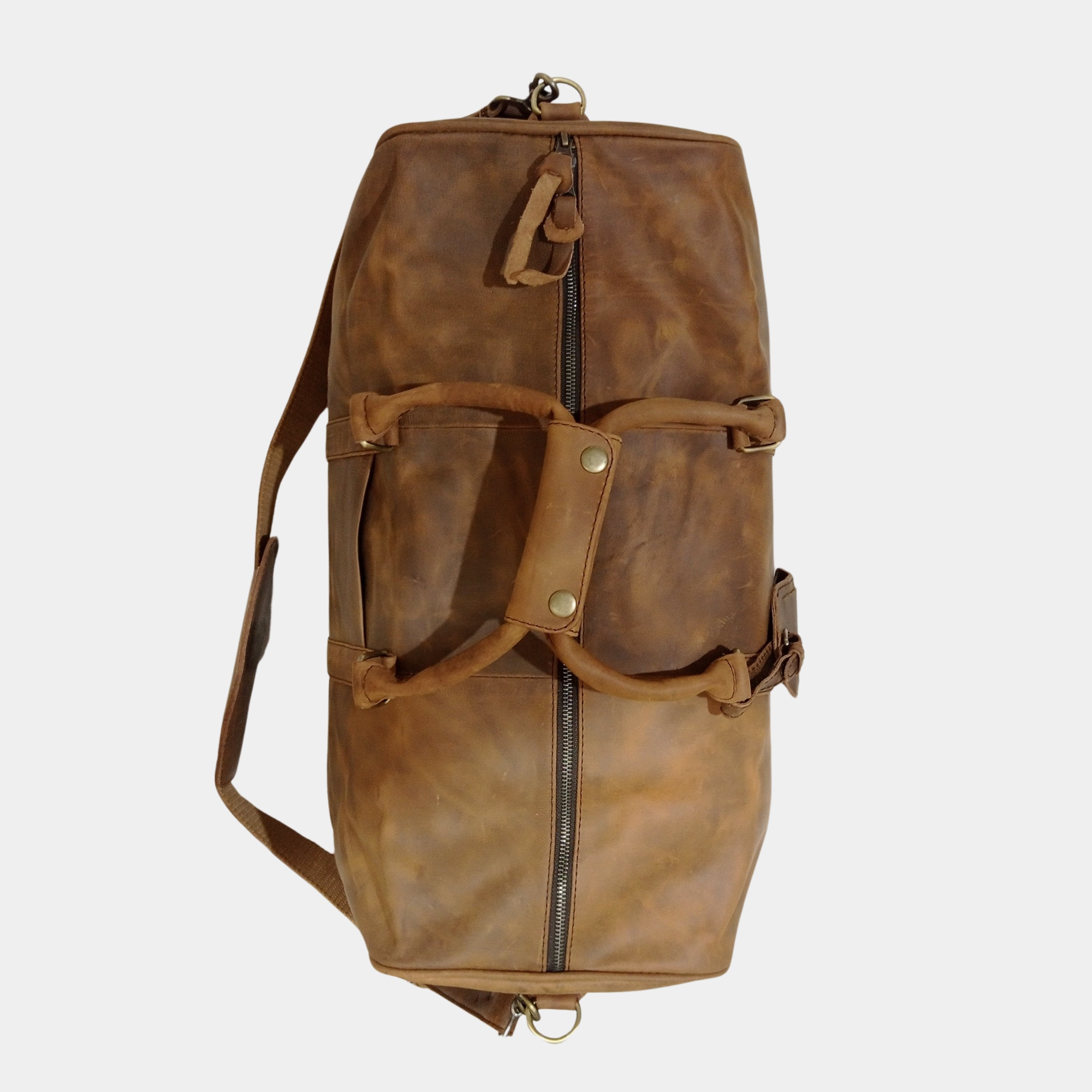 Top view of Eyre Brown Leather Duffle showing YKK zippers and soft grab handles
