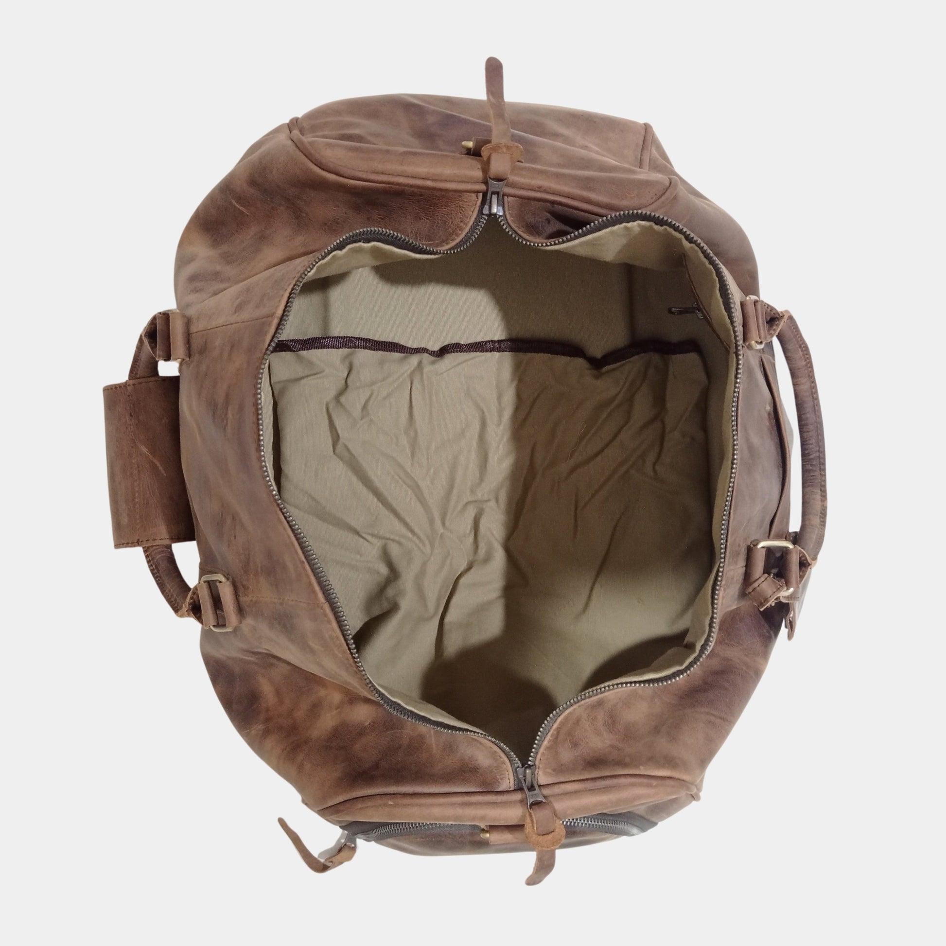 Inside view of Eyre Leather Duffle Bag showing soft cotton lining