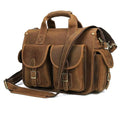 Front view of The Journeyman leather classic messenger bag showing soft leather strap ad 2 front and 1 side pocket