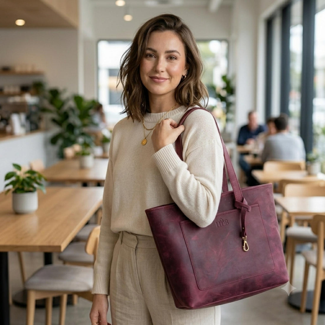 A smiling woman modeling the Emily Leather Tote in Vintage Burgundy by The Leather Bags (TLB) Australia, carrying the full grain crazy horse leather bag over her shoulder inside a cafe setting